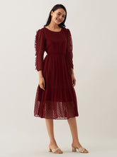 Wine Chiffon Brasso Swiss Dot Round Neck Dress
